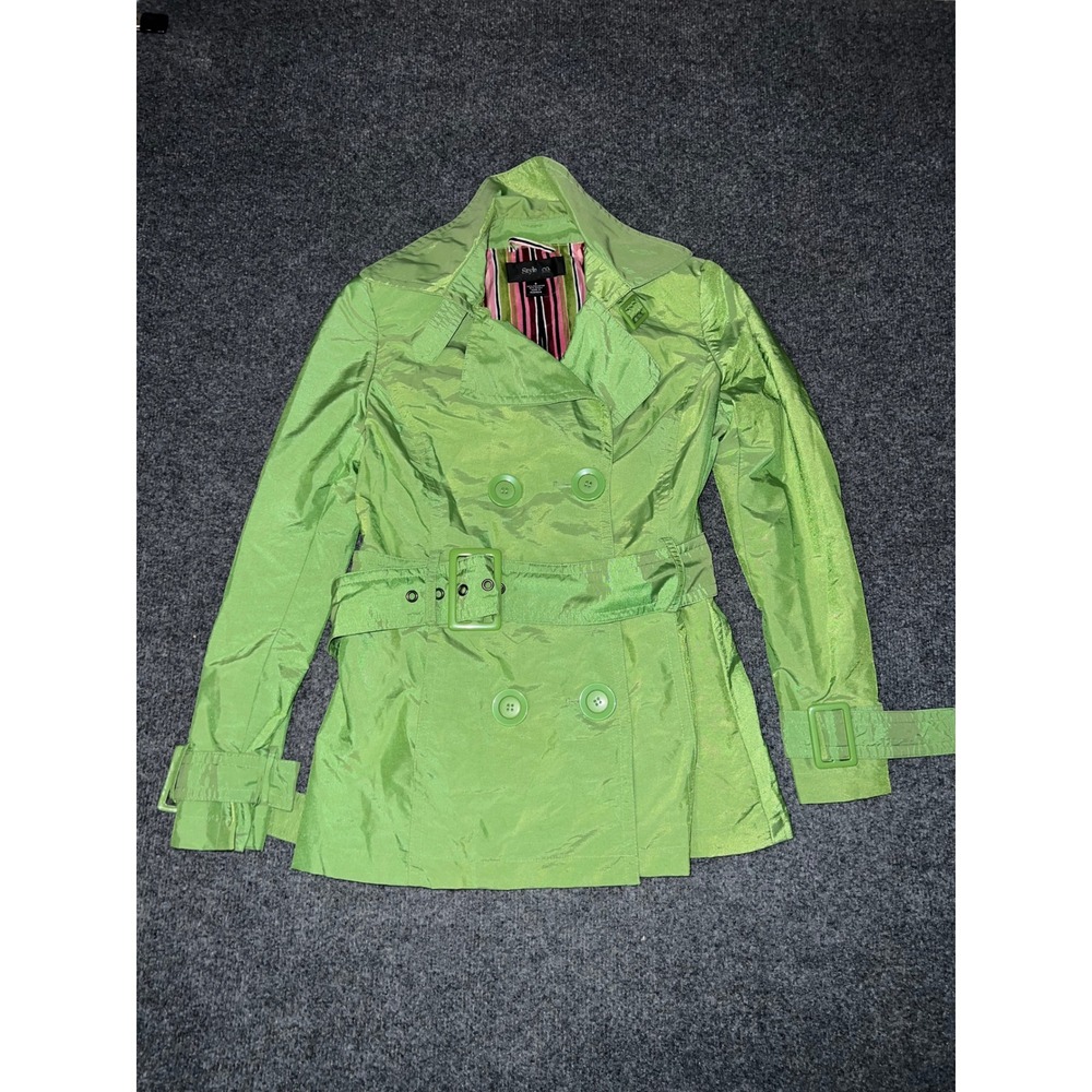 Style & Co Petite Lime Green Trench Coat Belted Double Breasted Jacket Small
